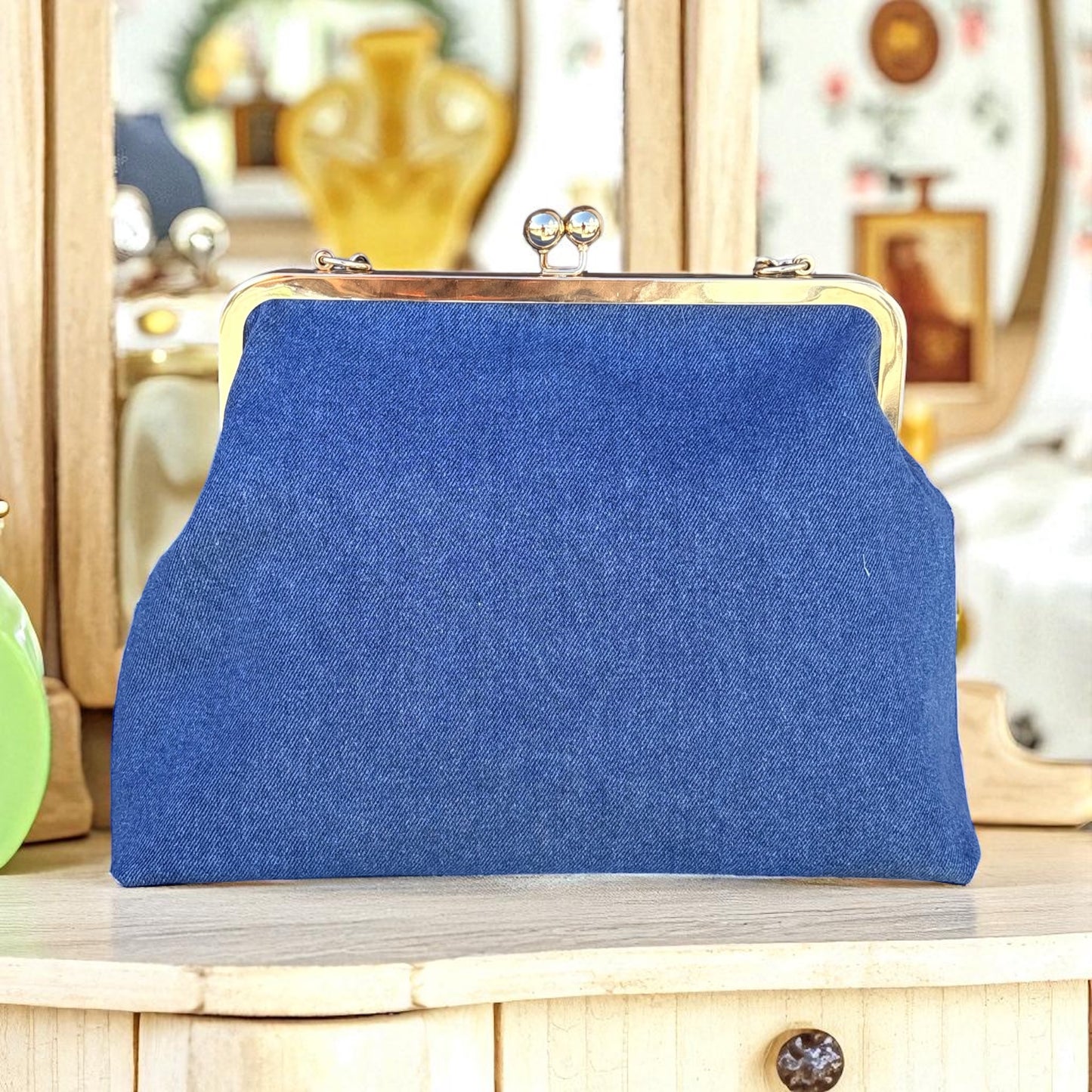 Denim Elegance Kiss-Lovk Clutch – Gold & Pearl Edition by Outfits & Accessories by Mai B! LLC