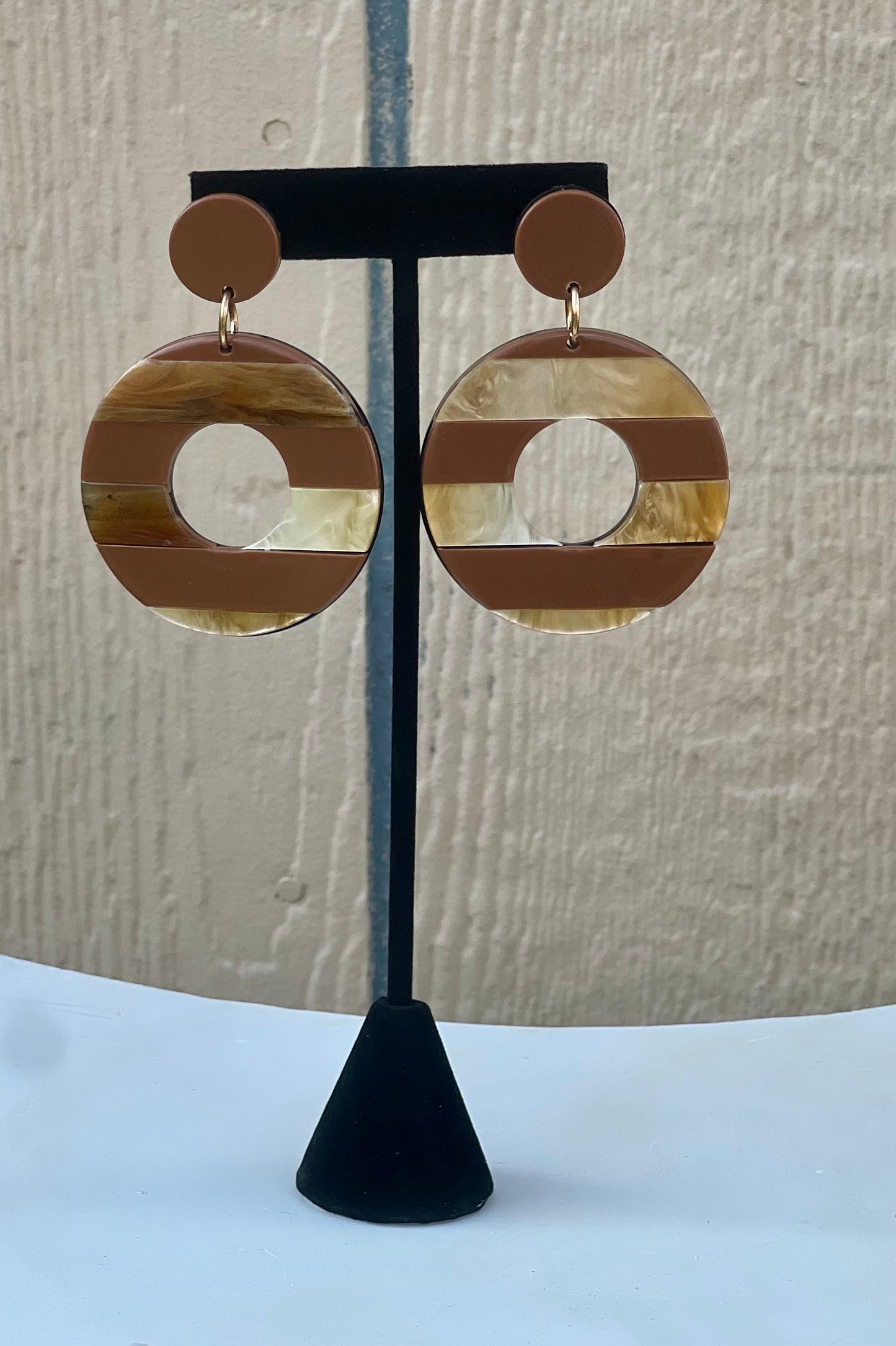 Round Tan & Brown Mosaic Dangly Earrings