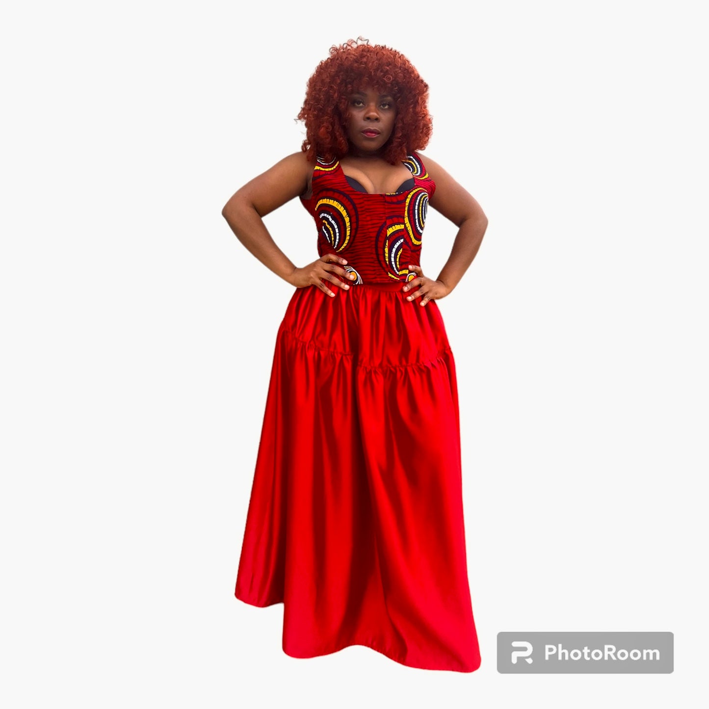 Long Satin drop Waist Gathered Skirt (Red)