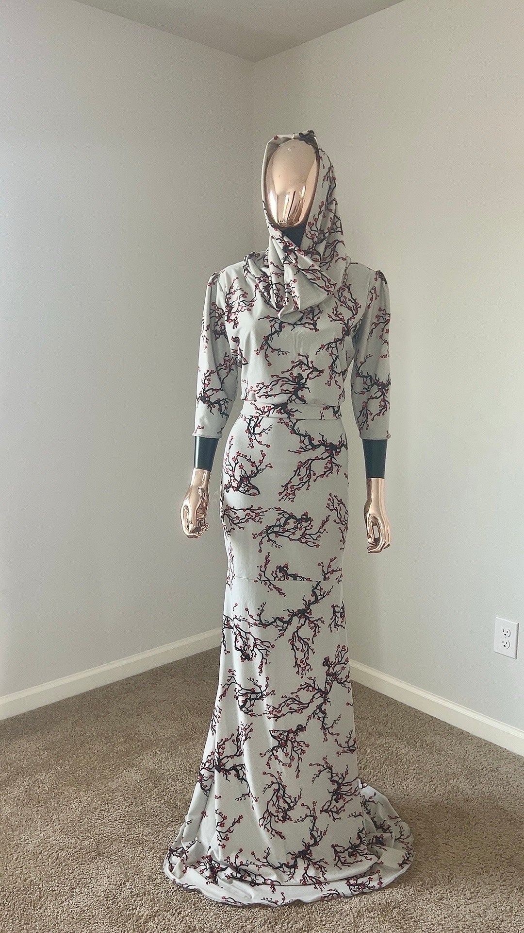Crop Top Cowl Draped Scoop Neck W/ Long fitted flare in back Skirt