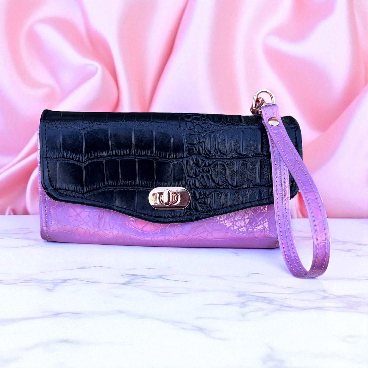 Black Croc & Bubblegum Pink Vinyl Necessary Clutch Wallet w/ Wristlet
