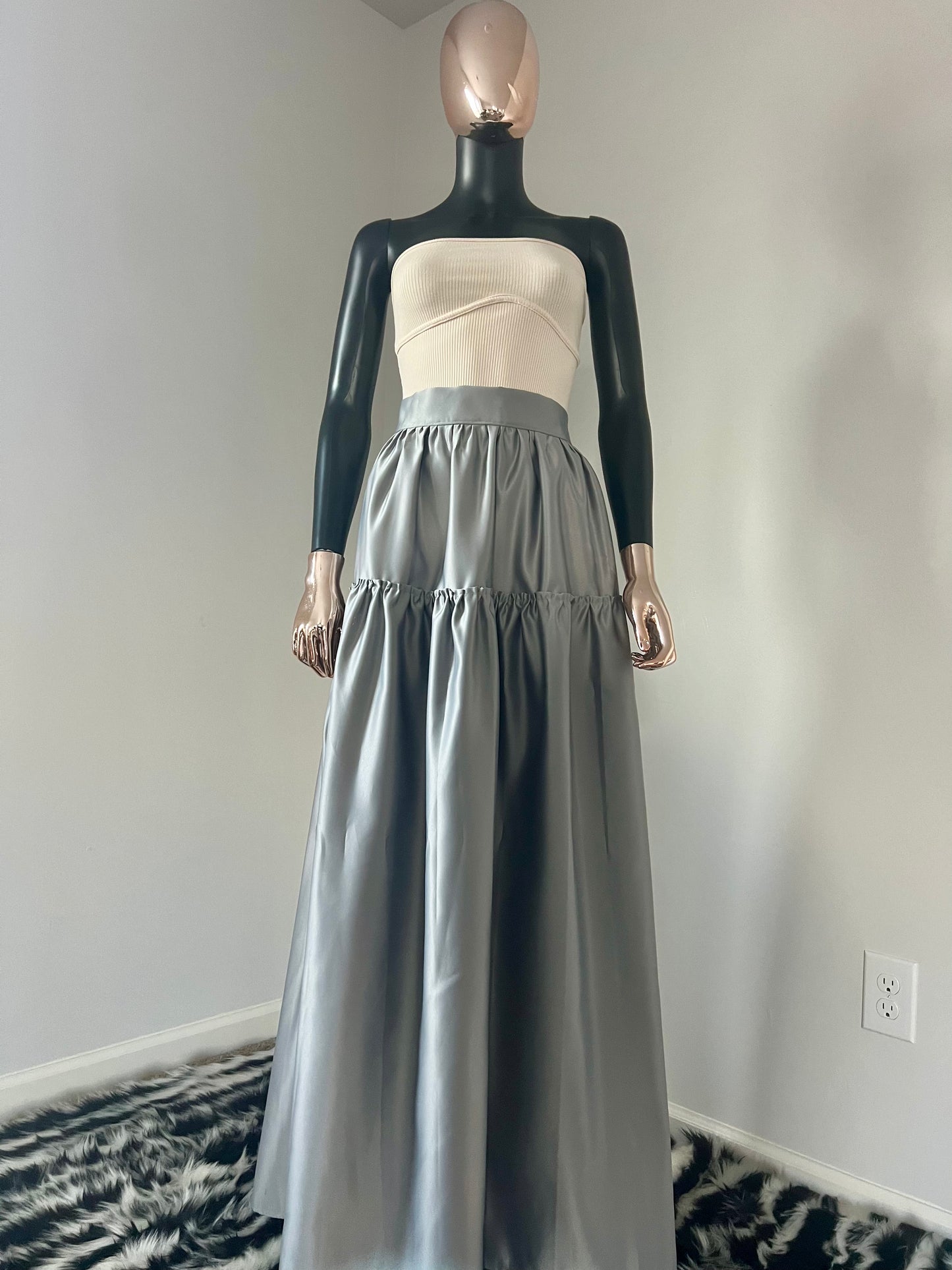 Long Satin drop Waist Gathered Skirt (Grey)