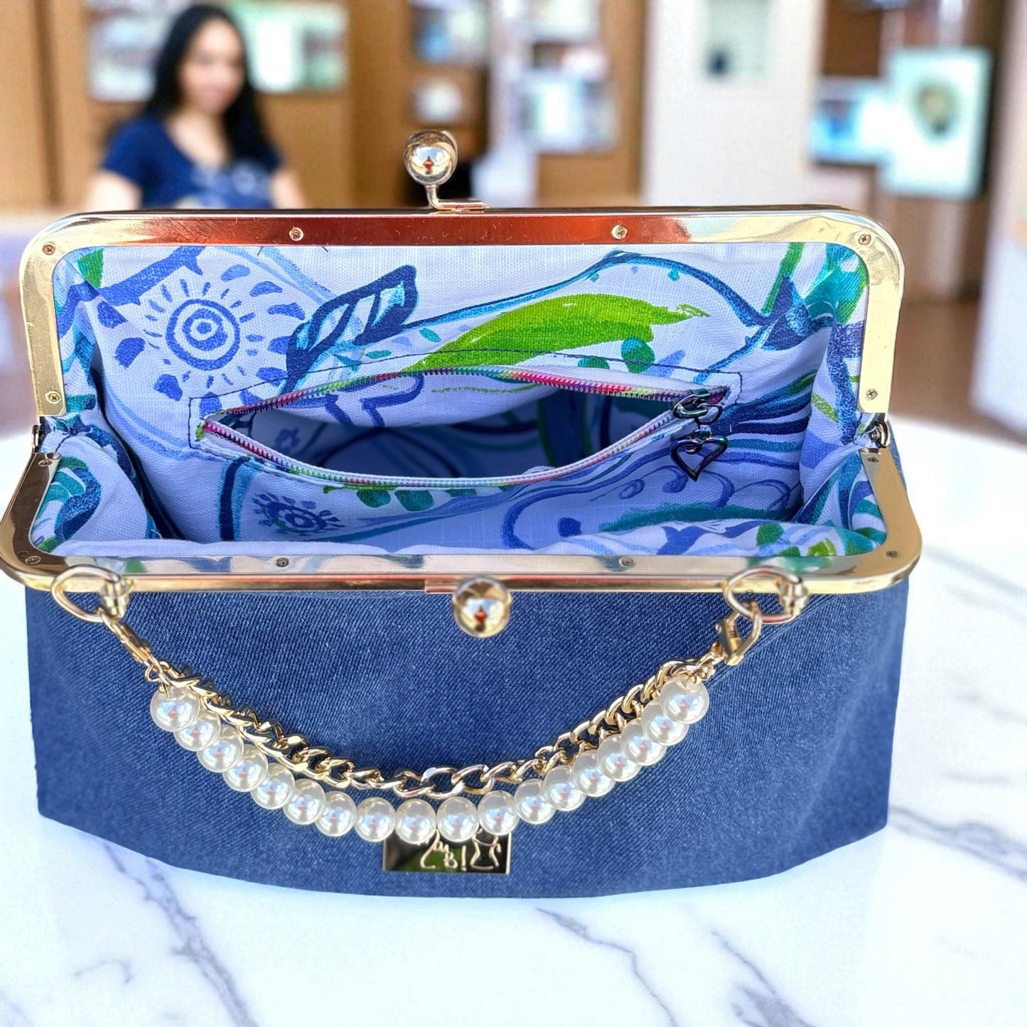Denim Elegance Kiss-Lovk Clutch – Gold & Pearl Edition by Outfits & Accessories by Mai B! LLC
