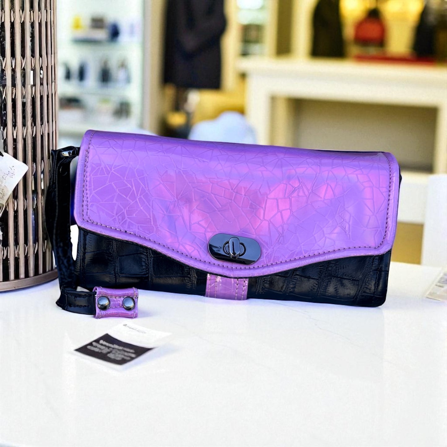 Bubblegum Pink & Black Croc Vinyl Necessary Clutch Wallet w/ Wristlet