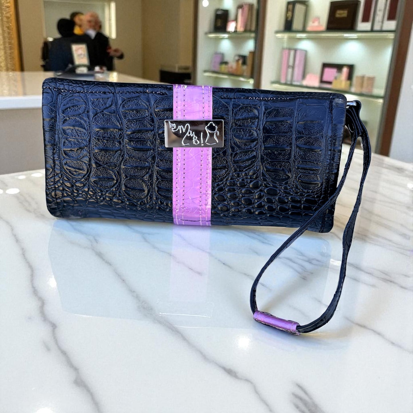 Bubblegum Pink & Black Croc Vinyl Necessary Clutch Wallet w/ Wristlet