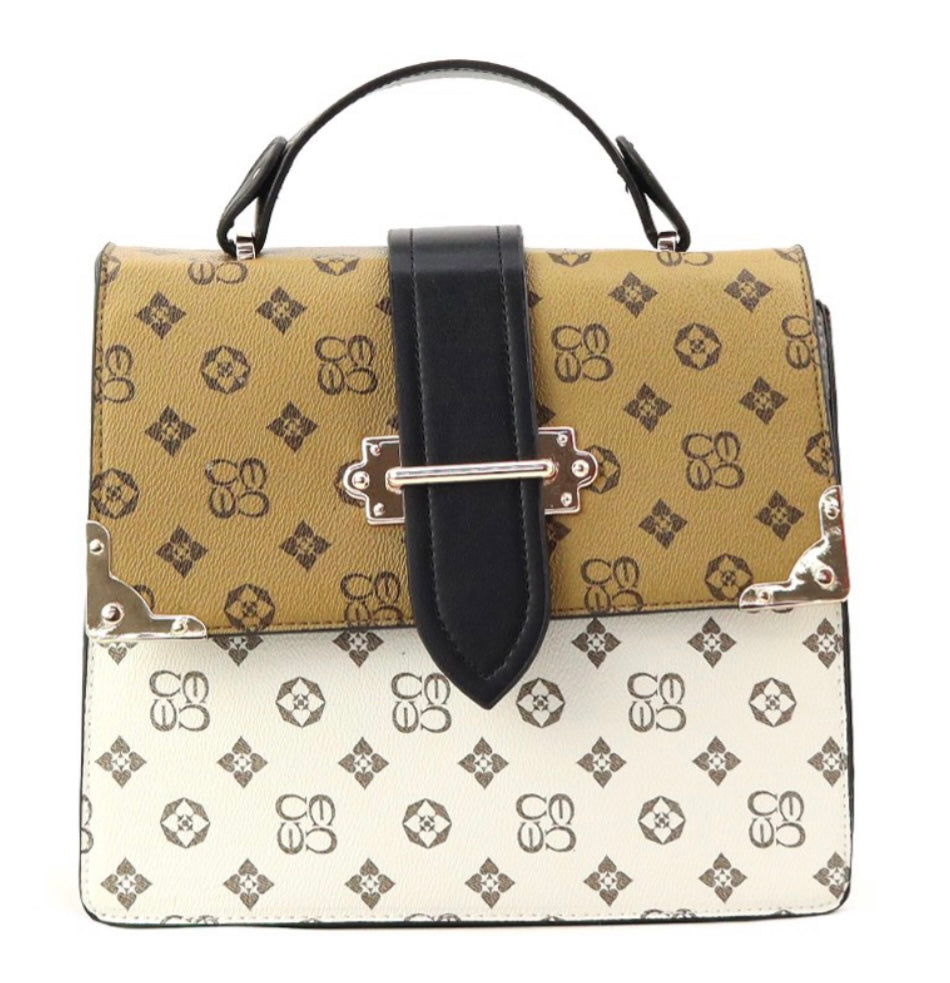 Mini Suitcase Style Tote (Off White/Tan)