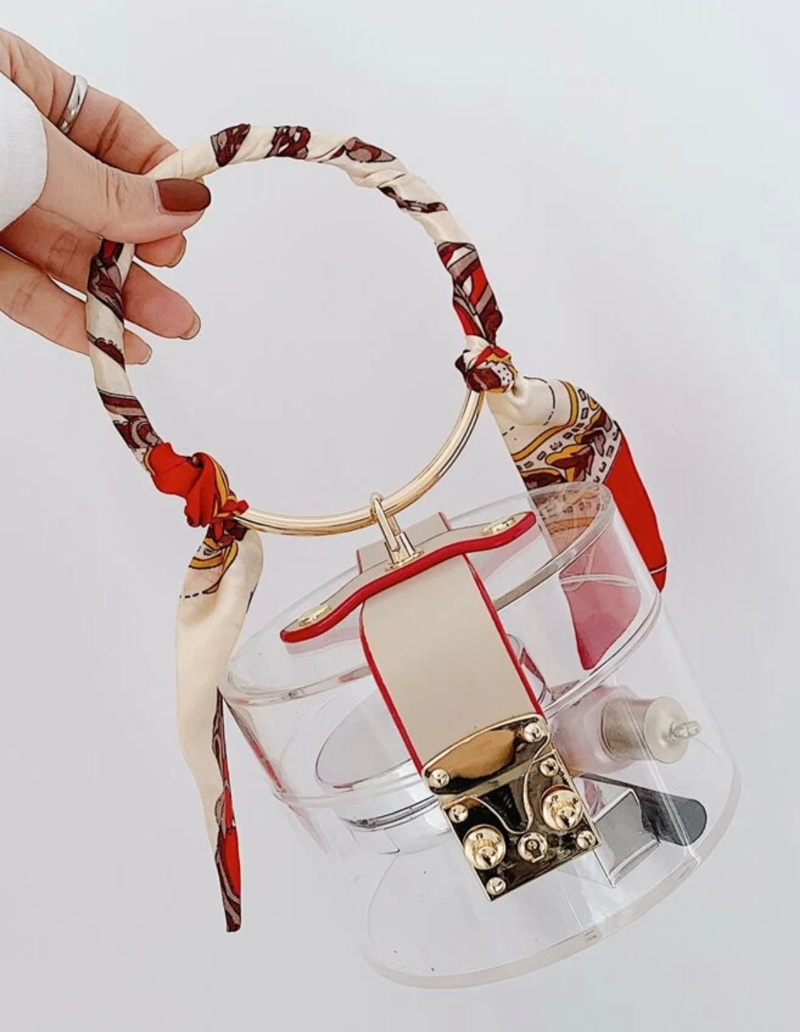 Quality Scarf Transparent Clear Acrylic Clutch w/ Circular Handle