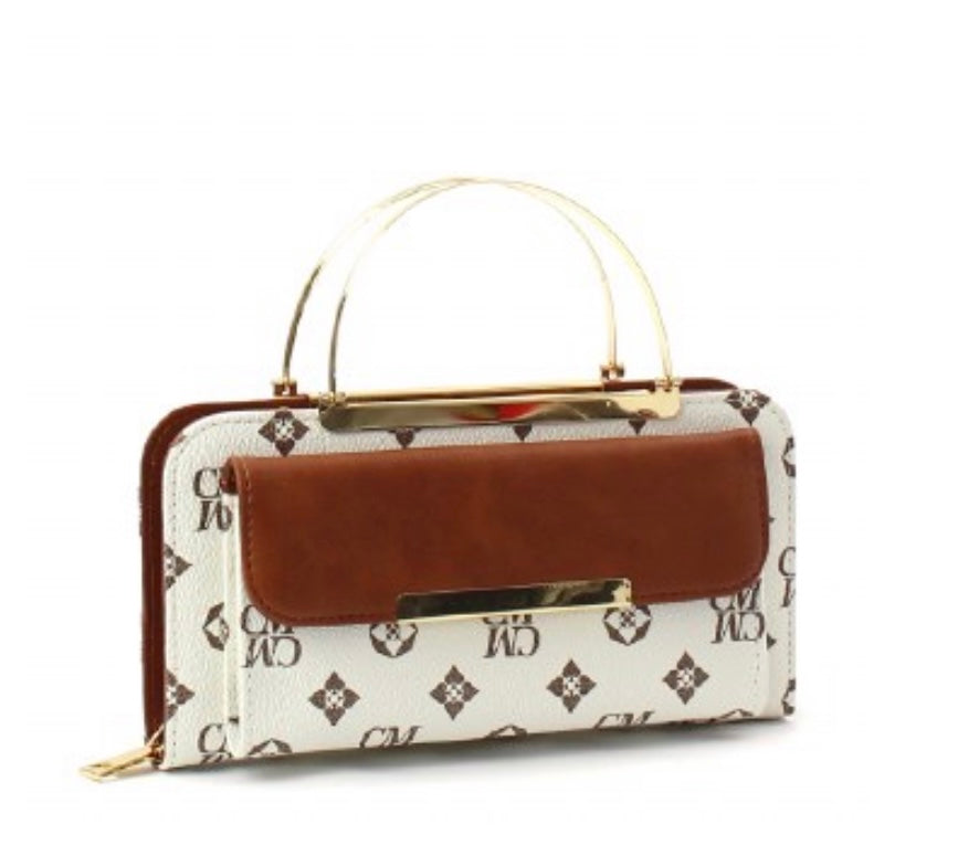 Wallet w/ Gold Tone Handles (White/Tan)