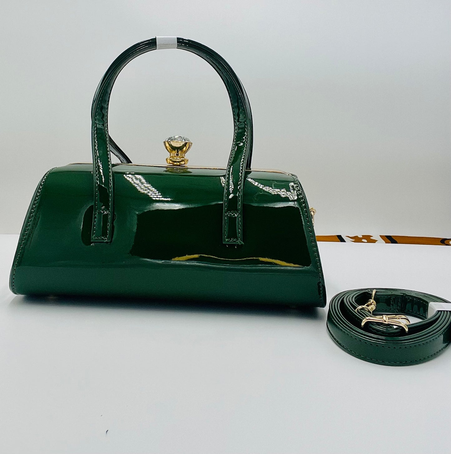 Oval Shape Glossy Finish Tote with Wrist Handles (Army Green)