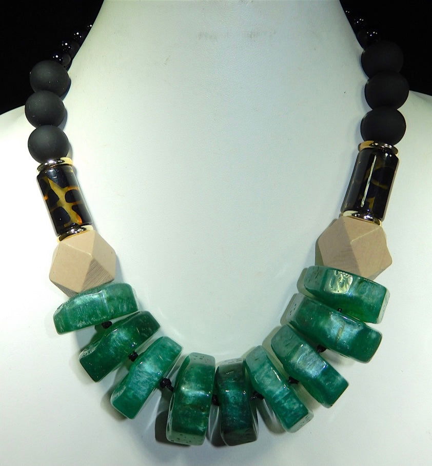 Green/Beige/Cheetah Statement Acrylic Necklace