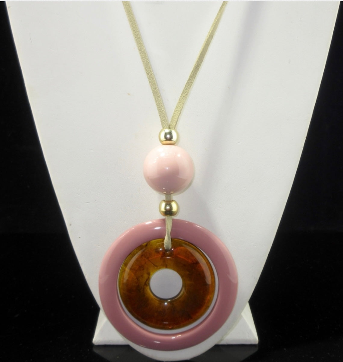Acrylic Circle/Sphere on Long Tan Leather Cord Necklace