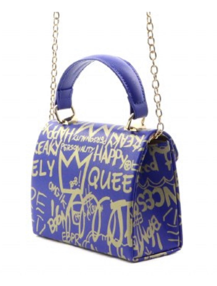 Faux Leather Mini Graffitti Tote (Blue)