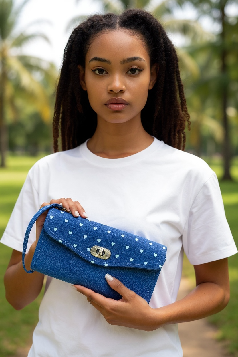 Heart Shape Demin Print Necessary Clutch Wallet w/ Wristlet