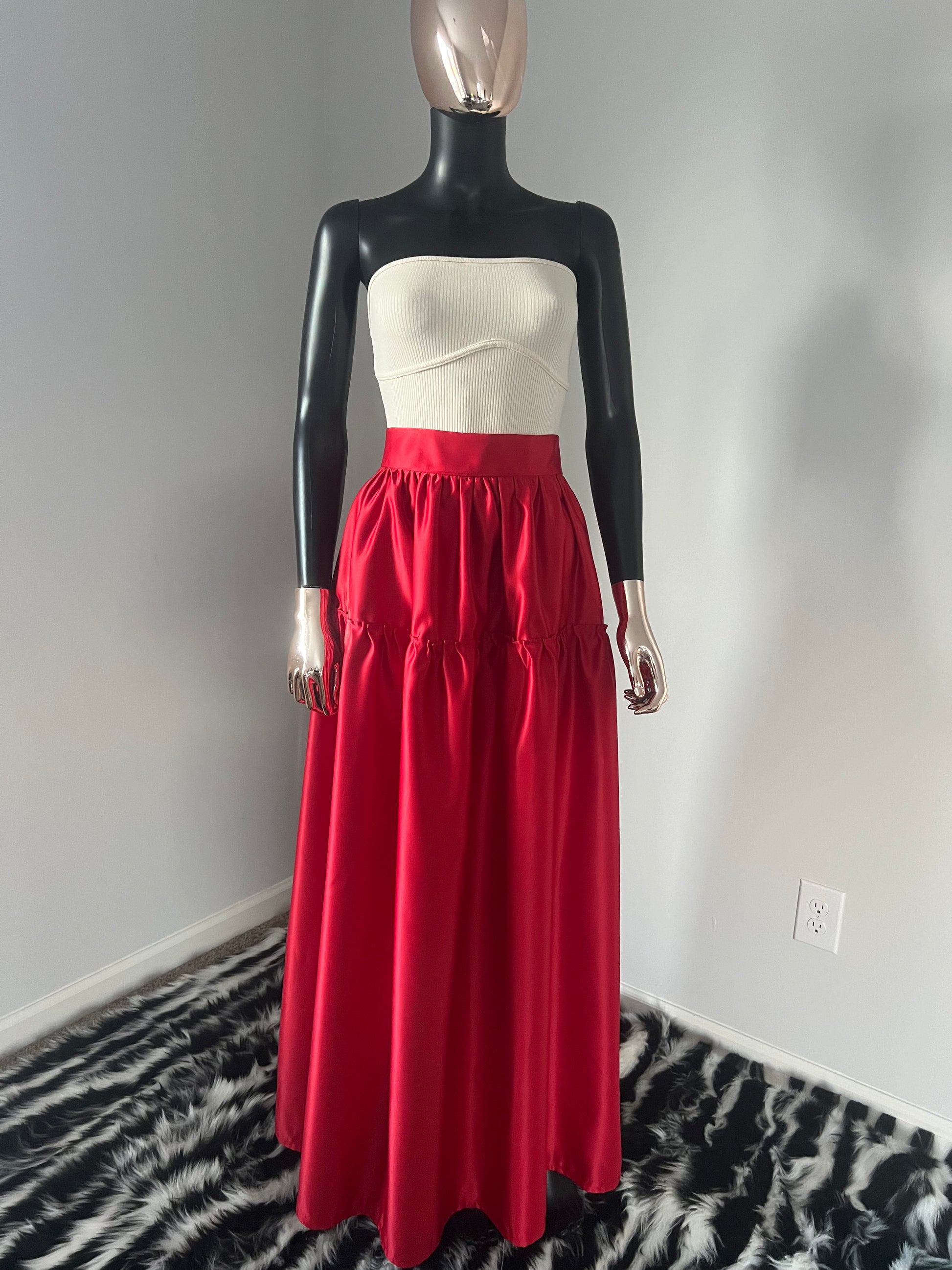 Long Satin drop Waist Gathered Skirt (Red)