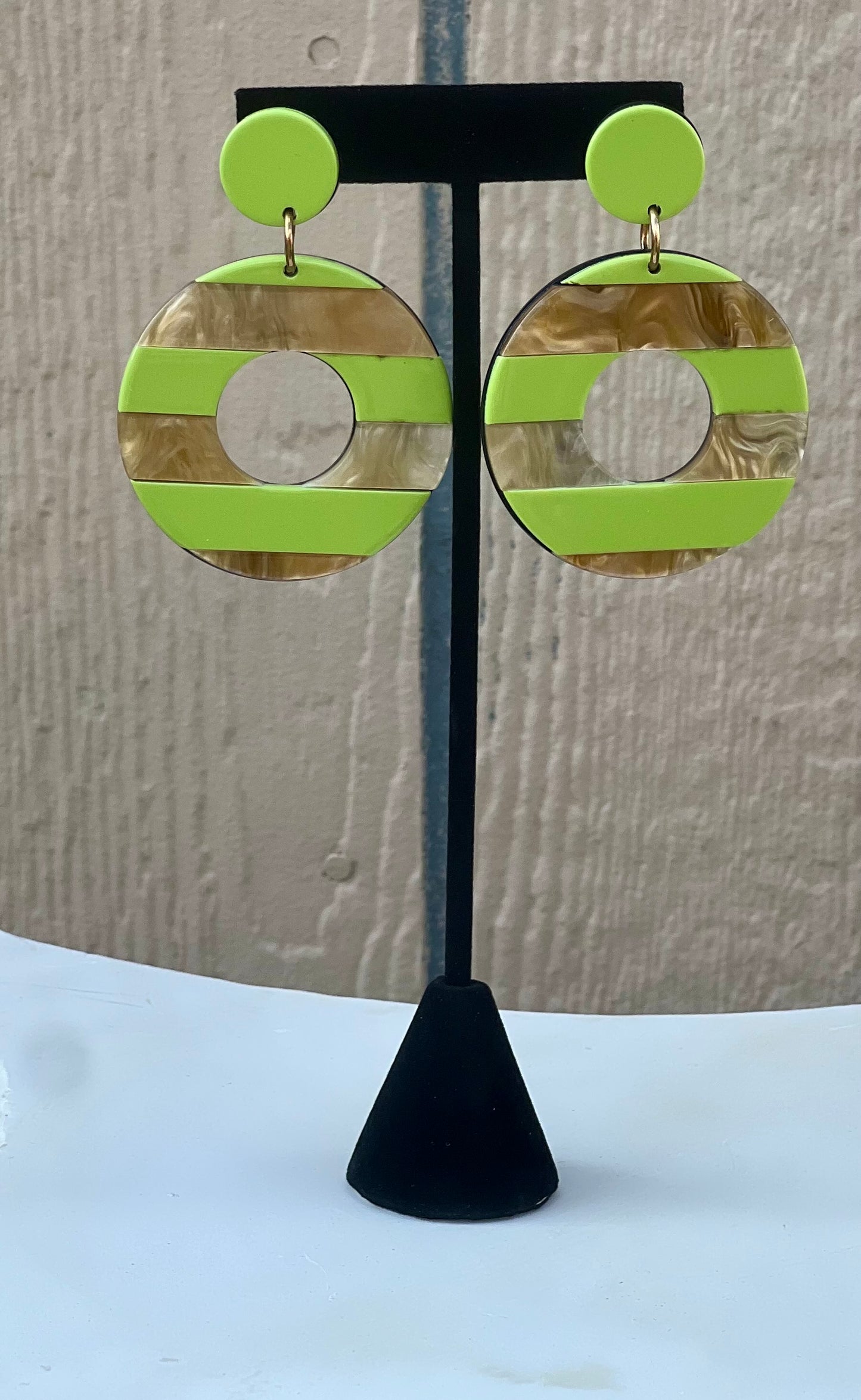 Round Tan & Lime Green Mosaic Dangly Earrings