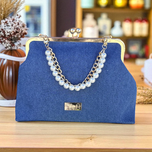 Denim Elegance Kiss-Lovk Clutch – Gold & Pearl Edition by Outfits & Accessories by Mai B! LLC
