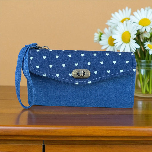 Heart Shape Demin Print Necessary Clutch Wallet w/ Wristlet