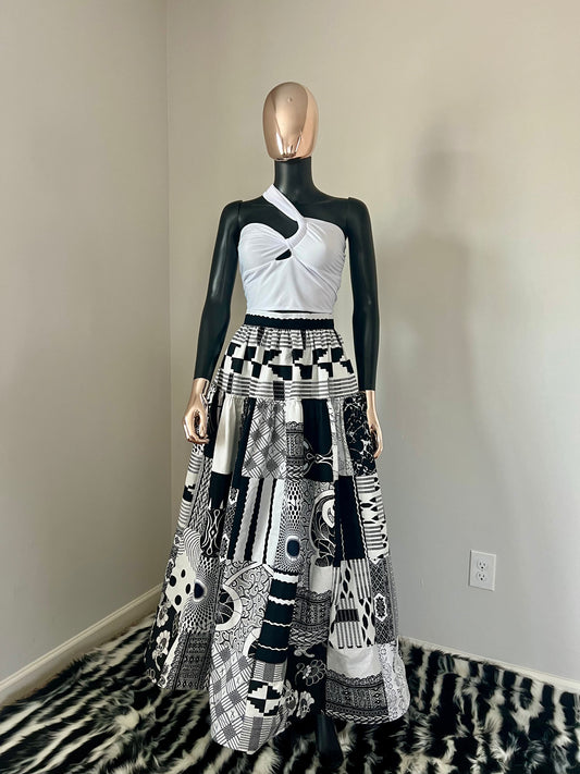 Ankara Black & White Fabric Patch Work Dropped Hips Gathered Skirt