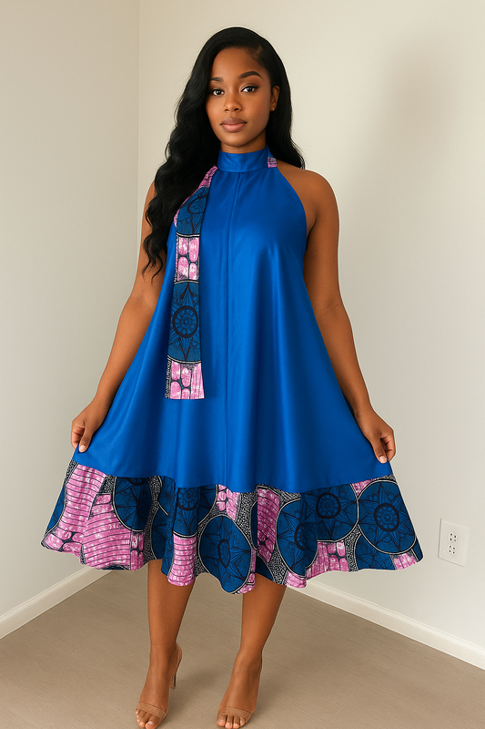 Flare Halter Top Satin Print Dress w/ Scarf