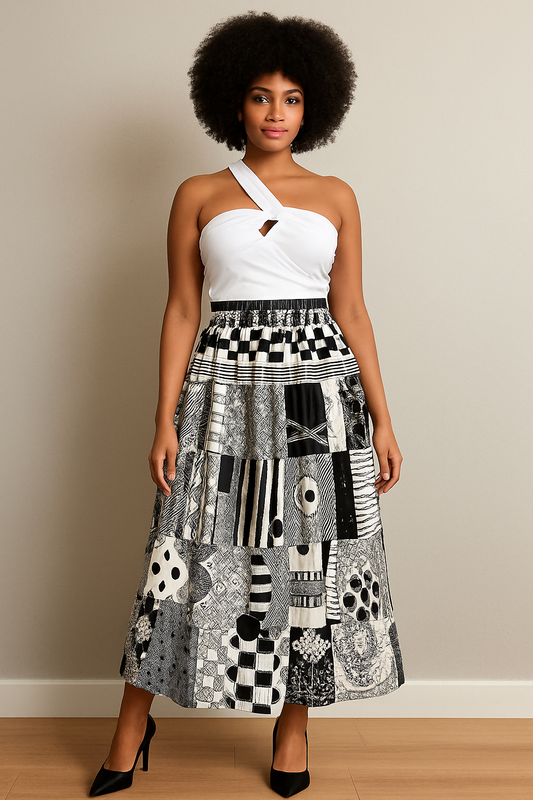 Ankara Black & White Fabric Patch Work Dropped Hips Gathered Skirt