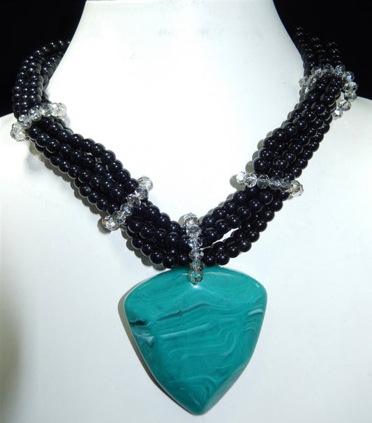Black & Aqua Beaded statement w/ Aqua Acrylic Necklace