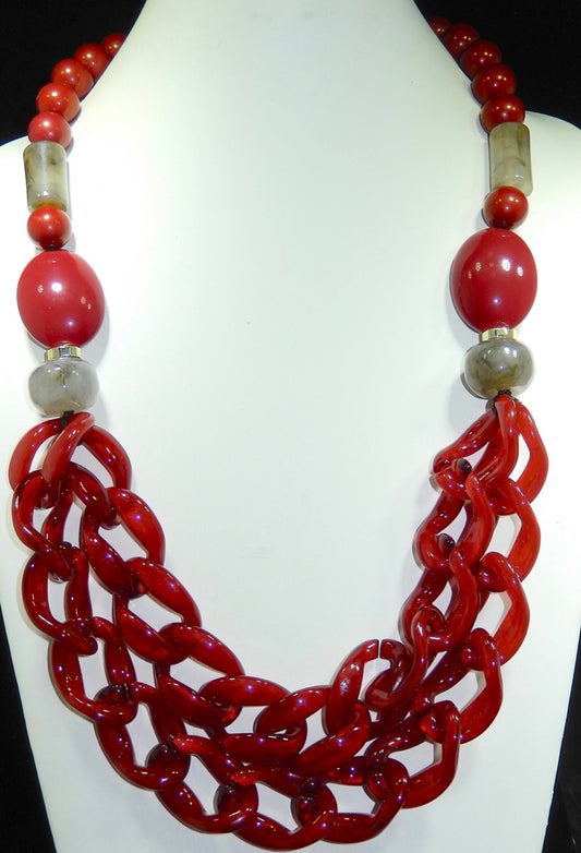 Two Layer Red Acrylic Chain Links Necklace w/ Earrings