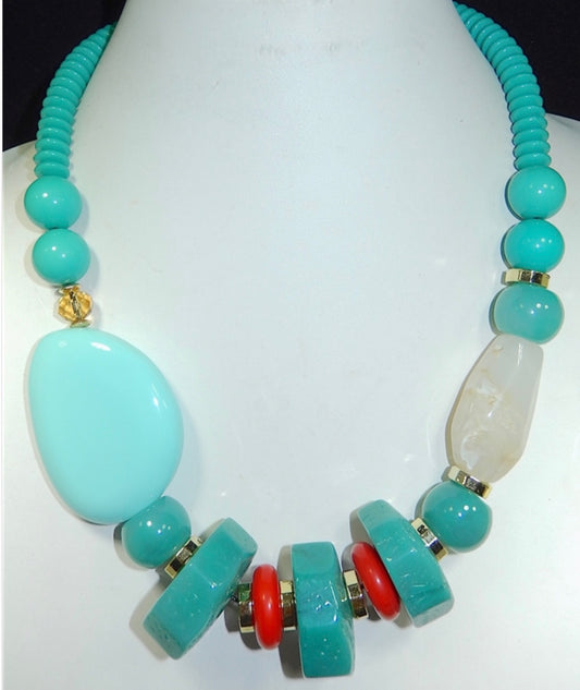 Aqua & Red Acrylic Beaded Necklace