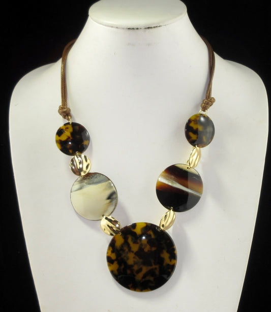 Acrylic Tortoise Shell Beaded Necklace on Short Brown Leather Thong