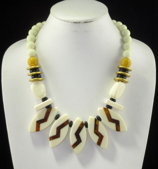 Tribal Beige Antique Acrylic Beaded Necklack