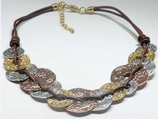 Gold/Silver/Copper Necklace Hammered Flattened Washers on Brown Leather Thong