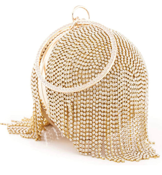 Dazzling Full Rhinestone Tassles Ring Clutch (Gold)