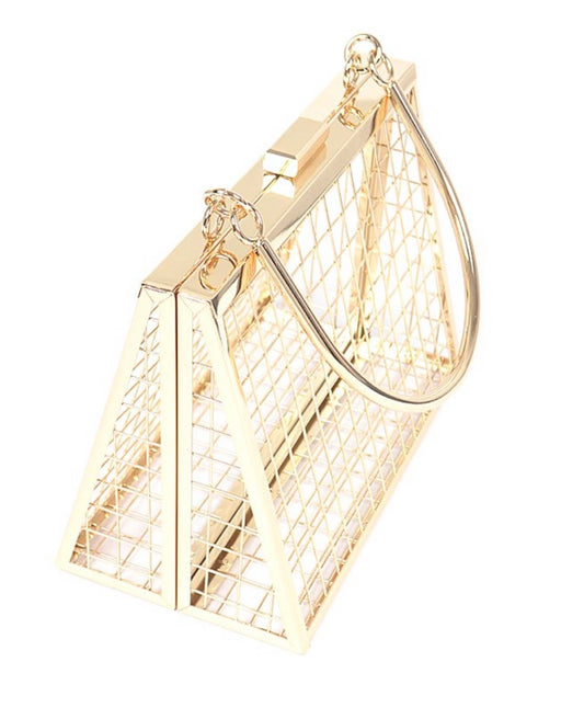 Triangular Hollow Out Cage Metal Evening Clutch (Gold)