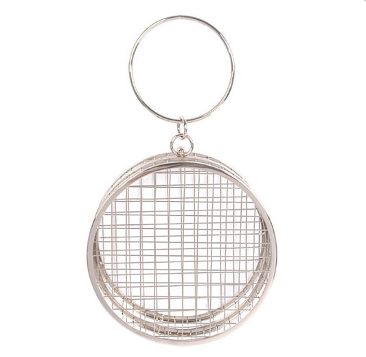 Oval Hollow Out Cage Metal Evening Clutch (Silver)