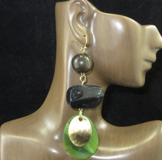 Charcoal/Emerald Green  Acrylic Beaded Long Dangle Earrings