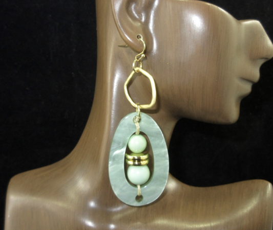 Green/Gold Antique Beaded Acrylic Dangle Earrings